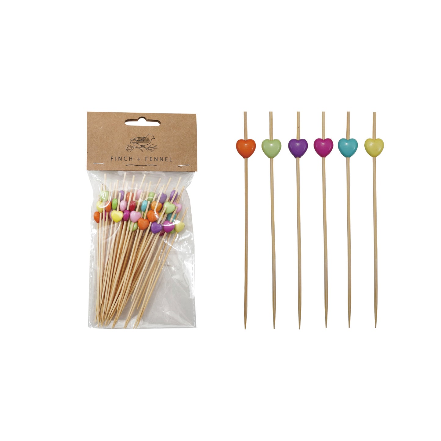 Bamboo Single Use Picks w/ Heart Shaped Handles, Natural & Multi Color, Set of 50