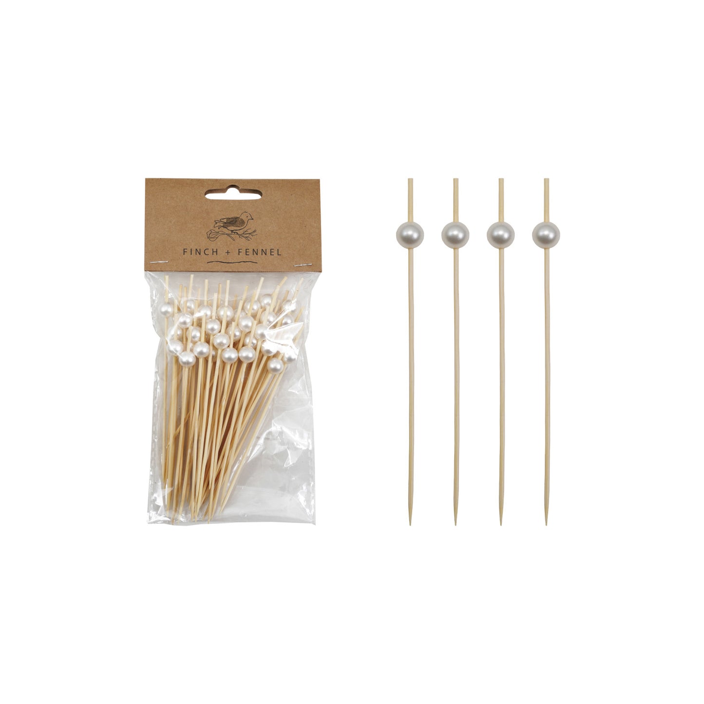 Bamboo Single Use Picks w/ Faux Pearl Handles, Natural & White, Set of 50