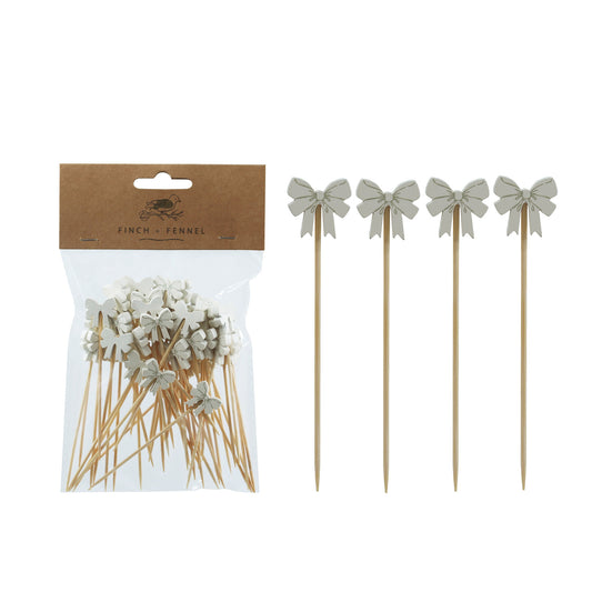 Bamboo Single Use Picks w/ Bow Shaped Handles, Natural & Multi Color, Set of 50