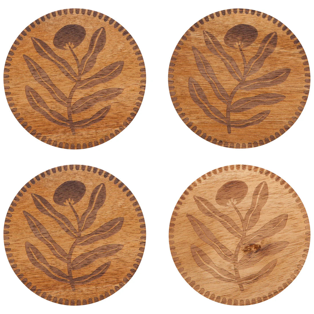 Floral Engraved Wood Coasters, Set of 4