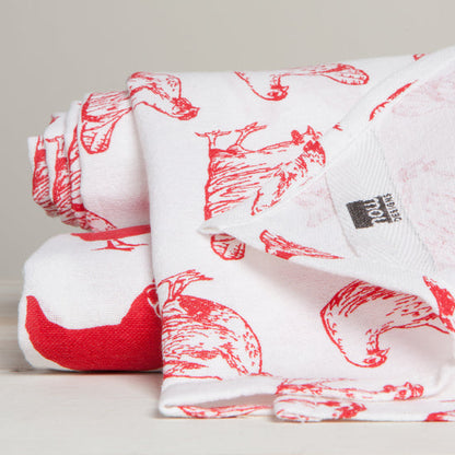 Chickens Print Red Floursack Dishtowels, Set of 2