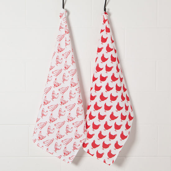 Chickens Print Red Floursack Dishtowels, Set of 2