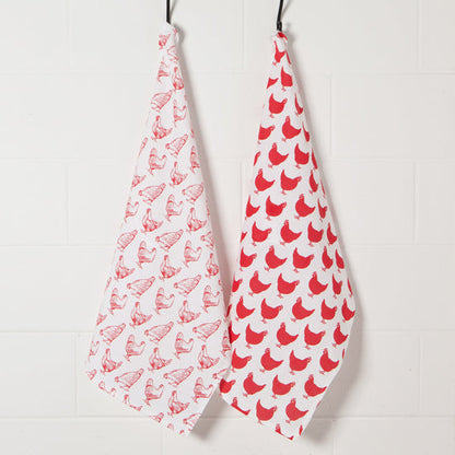 Chickens Print Red Floursack Dishtowels, Set of 2