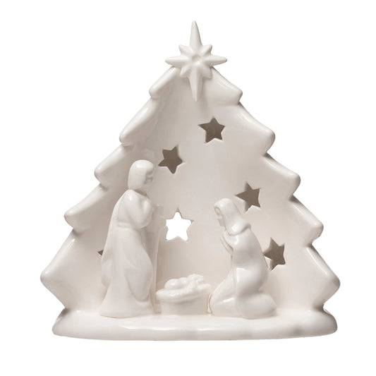 Stoneware White Nativity Candle Holder