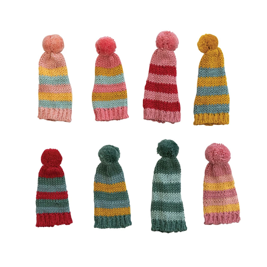 Retro Pop Cotton Knit Hat Bottle Topper w/ Stripes & Pom Pom