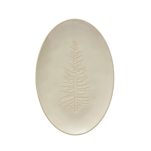 White Winter Stamped Tree Oval Stoneware Platter