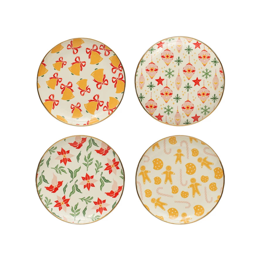 Holiday Patterned 8" Round Plates with Gold Edging