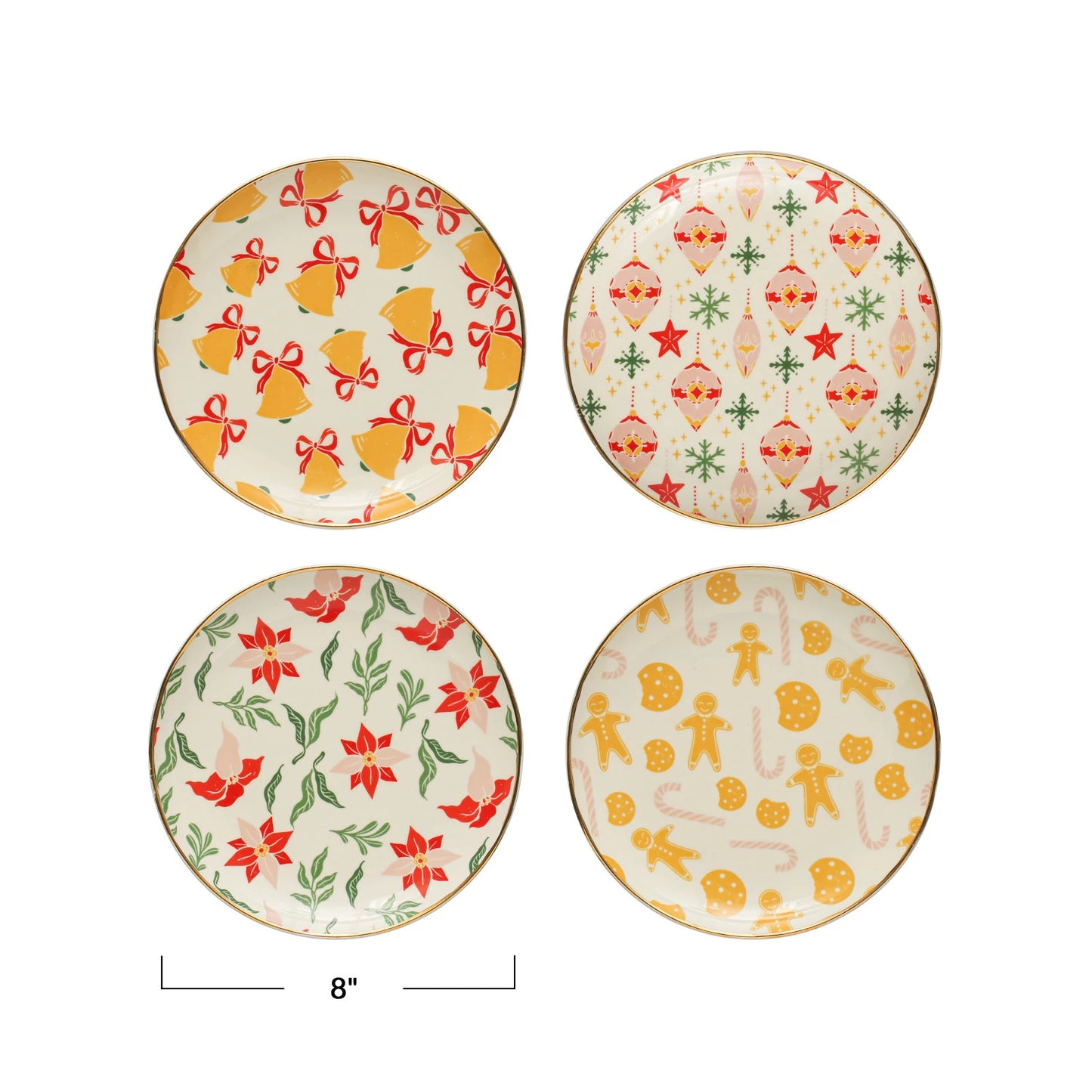 Holiday Patterned 8" Round Plates with Gold Edging