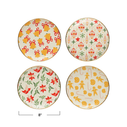 Holiday Patterned 8" Round Plates with Gold Edging