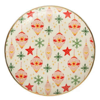 Holiday Patterned 8" Round Plates with Gold Edging