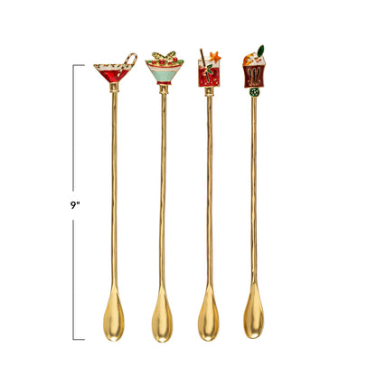 Holiday Drinks Gold Enameled Cocktail Spoons