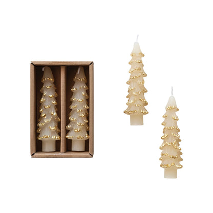 Unscented Tree Shaped Taper Candles w/ Gold Tips in Box, Eggnog Color, Set of 2