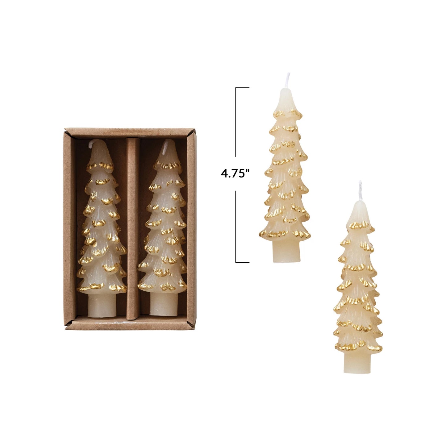 Unscented Tree Shaped Taper Candles w/ Gold Tips in Box, Eggnog Color, Set of 2