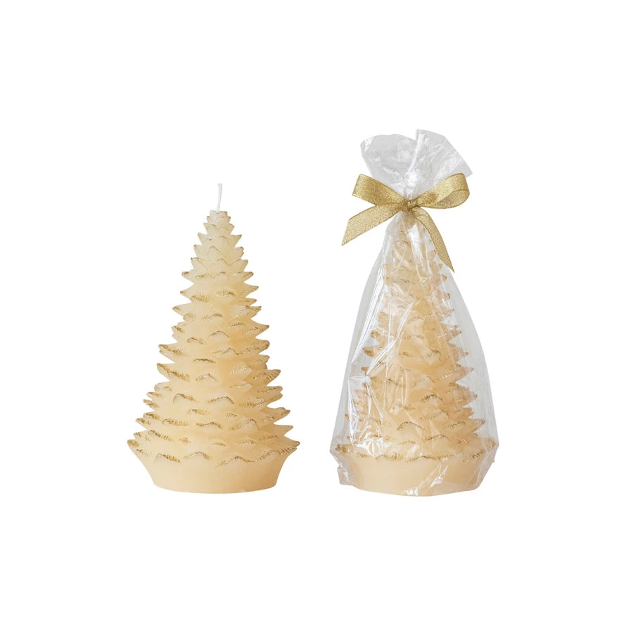 Unscented Tree Shaped Candle w/ Gold Tips, Eggnog Color