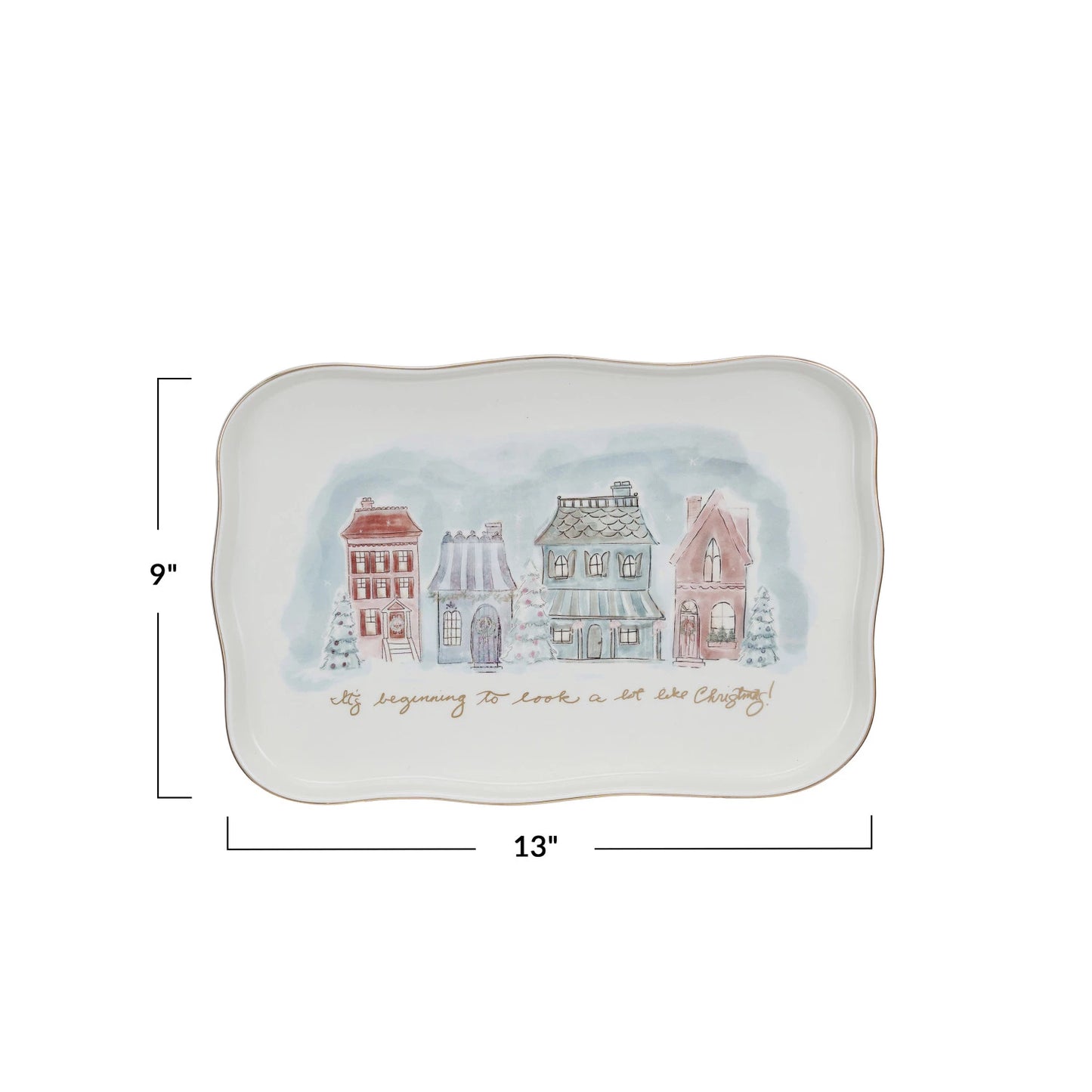 Christmas Village Scene & Gold Electroplating Stoneware Platter
