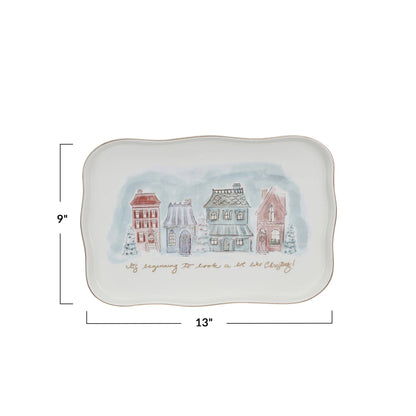 Christmas Village Scene & Gold Electroplating Stoneware Platter