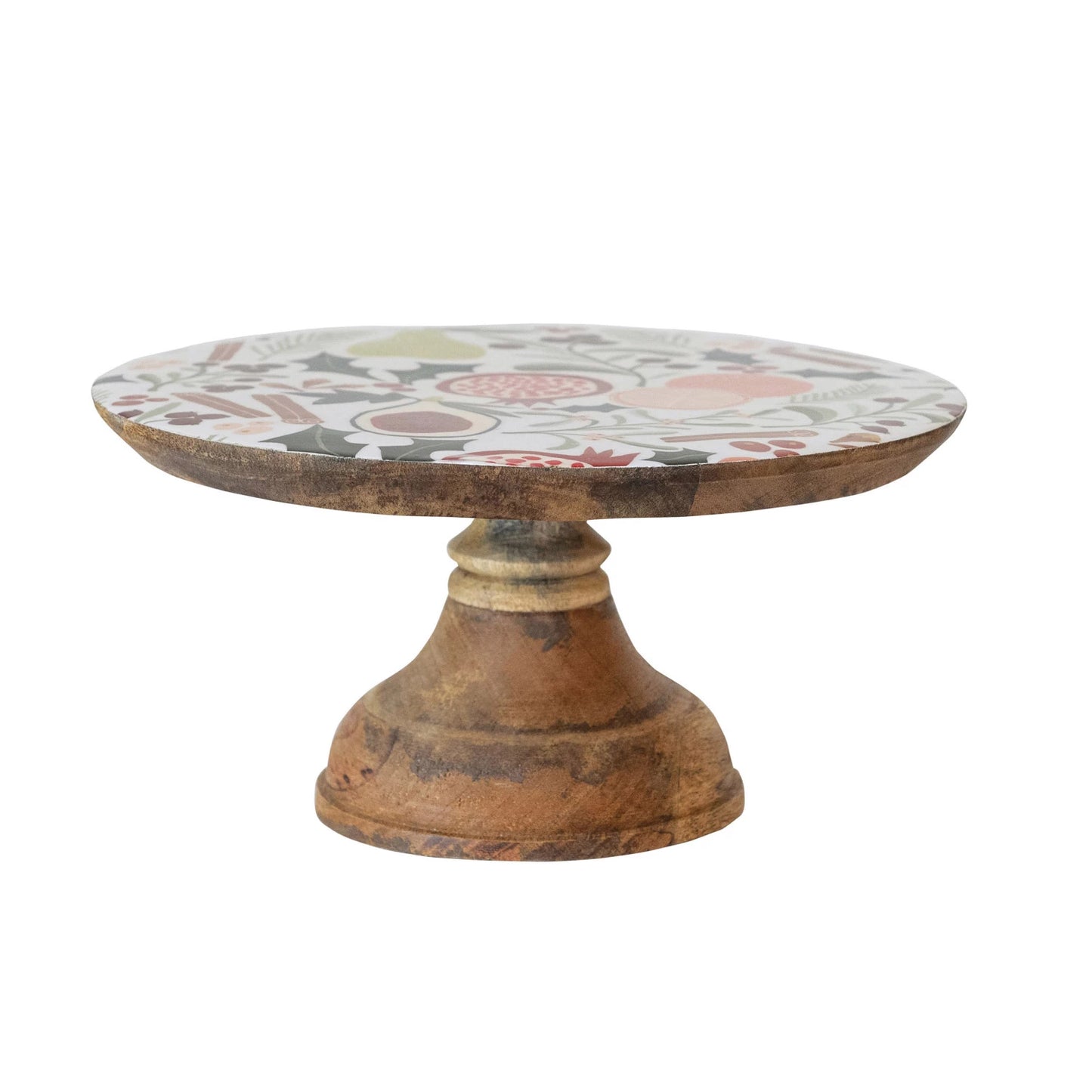 Enameled Mango Wood Pedestal w/ Fruit & Botanicals Pattern