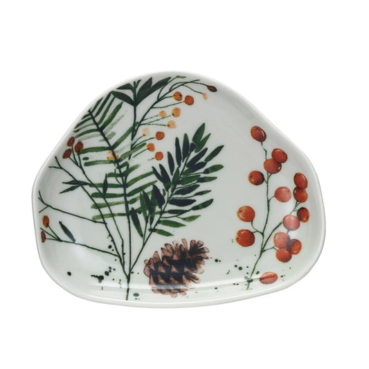 Stoneware Organic Shaped Dish w/ Seasonal Botanicals