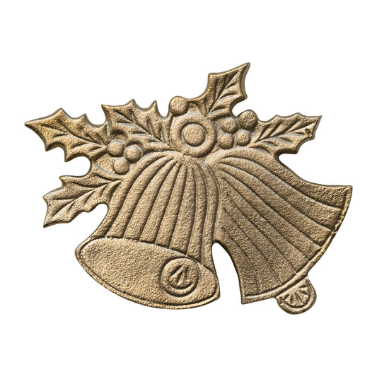 Cast Aluminum Holly & Bells Shaped Trivet, Gold Finish