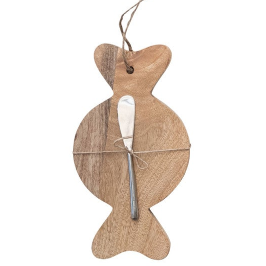 Mango Wood Board & Canape Knife, Set of 2 Tied with Jute, 6 Styles