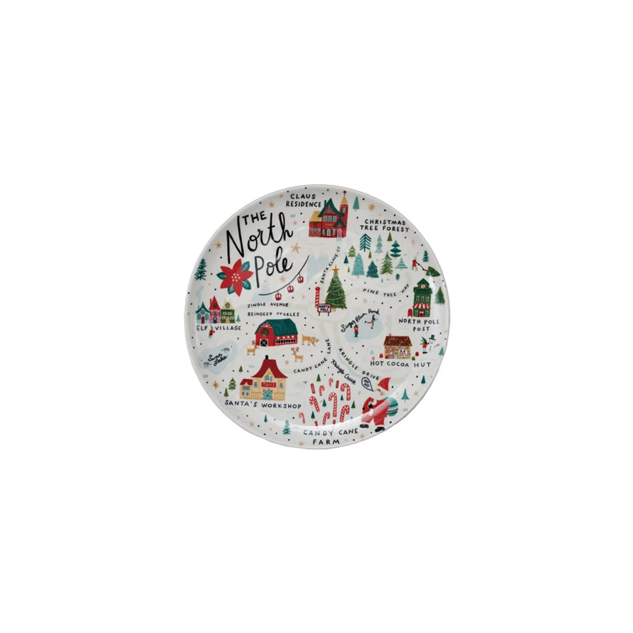 North Pole Scene 11" Round Stoneware Plate, Multi Color