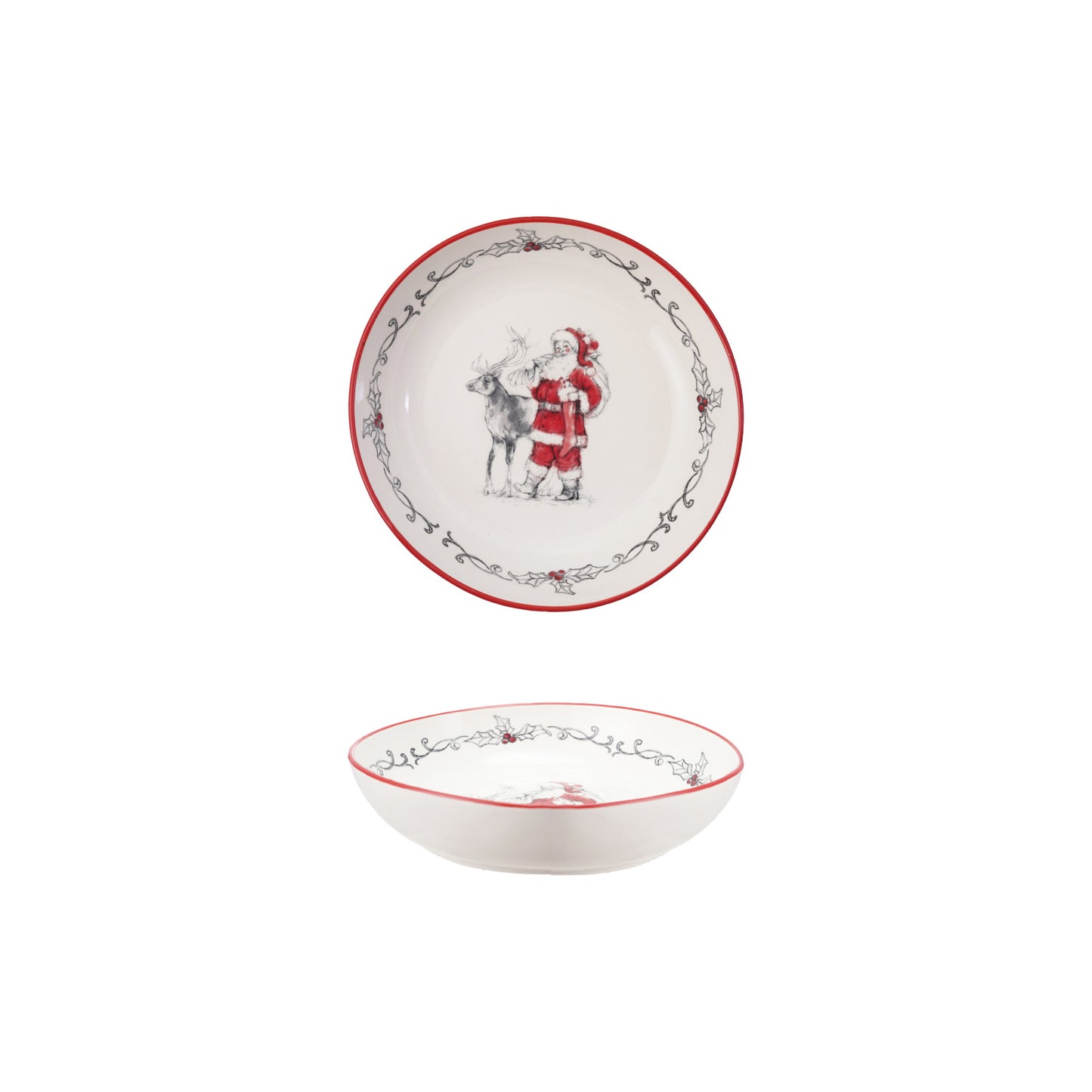 Stoneware Bowl with Santa & Reindeer Image & Colored Rim ©