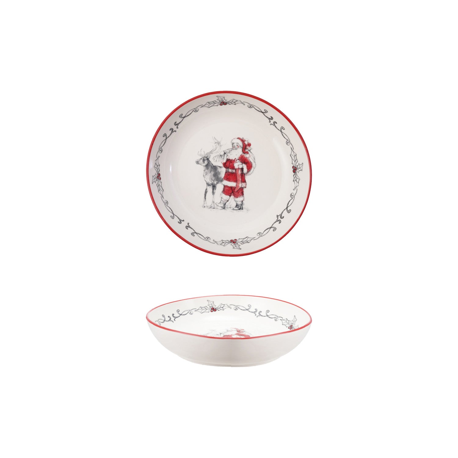 Stoneware Bowl with Santa & Reindeer Image & Colored Rim ©