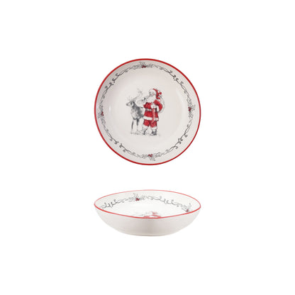 Stoneware Bowl with Santa & Reindeer Image & Colored Rim ©