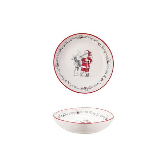 Stoneware Bowl with Santa & Reindeer Image & Colored Rim ©