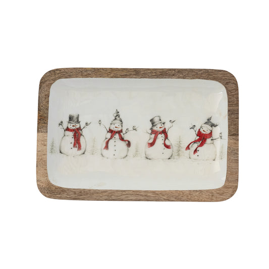 Enameled Mango Wood Tray with Snowmen & Birds Image ©