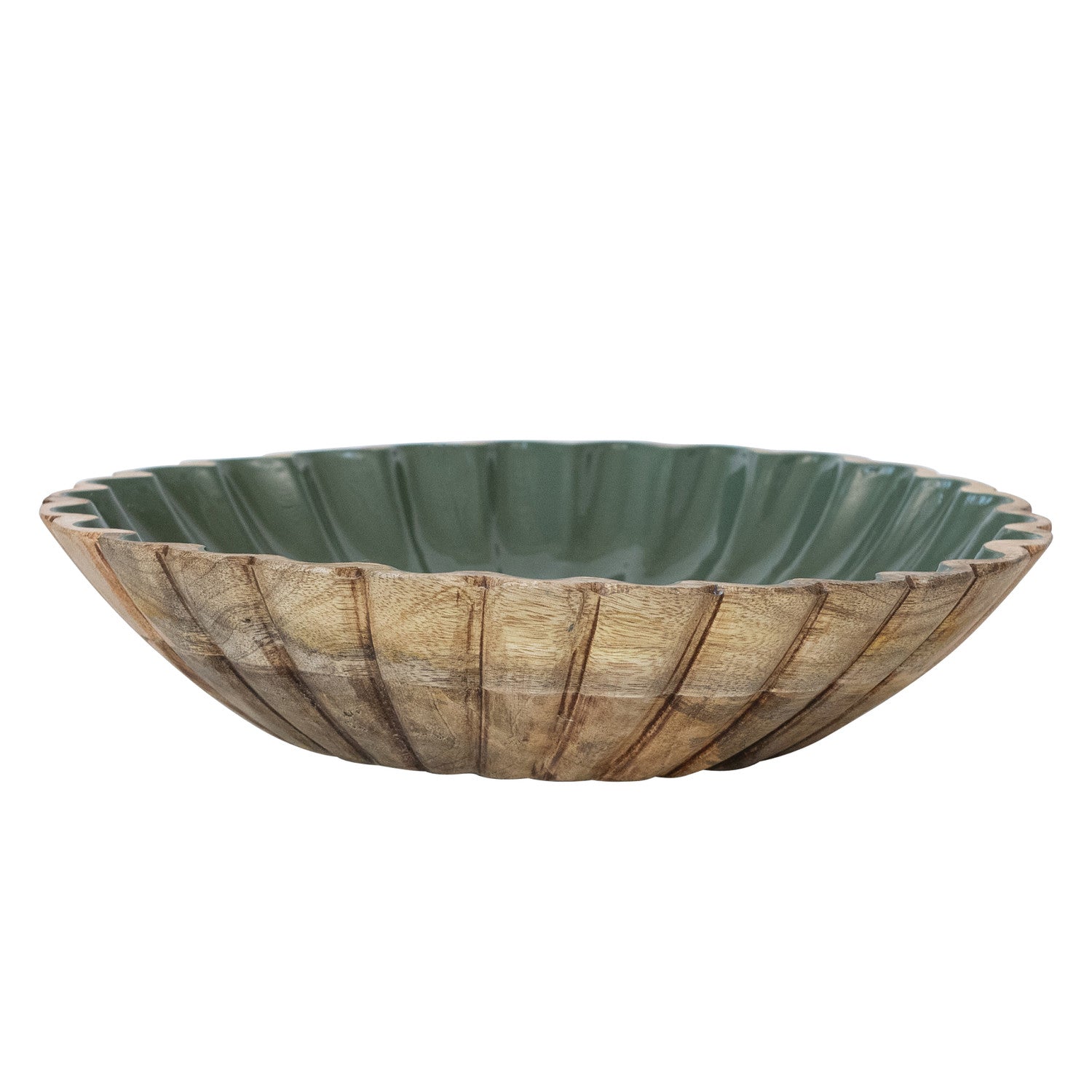 Carved Enameled Mango Wood Scalloped Bowl, Green & Natural