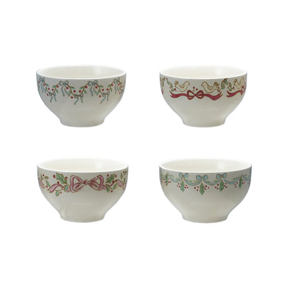 4-1/2" Round x 2-3/4"H Stoneware Bowl with Bows, 4 Styles ©