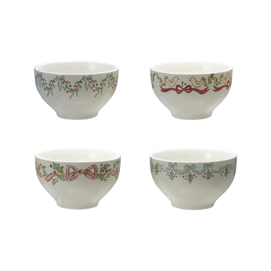 4-1/2" Round x 2-3/4"H Stoneware Bowl with Bows, 4 Styles ©