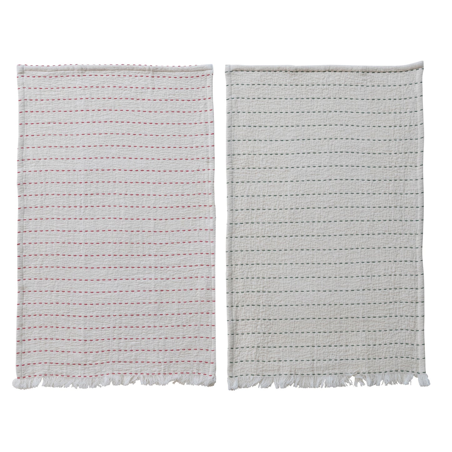 Tea Towel with Hand-Embroidered Kantha Stitch & Frayed Edges, 2 Colors