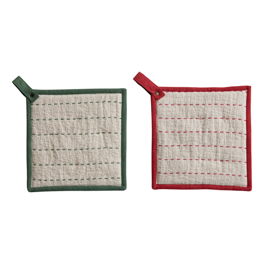 Woven Pot Holder with Hand-Embroidered Kantha Stitch, 2 Styles