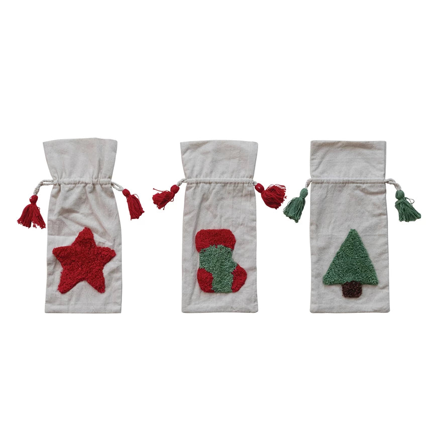 Woven Drawstring Wine Bag with Tufted Holiday Icon & Tassels, 3 Styles