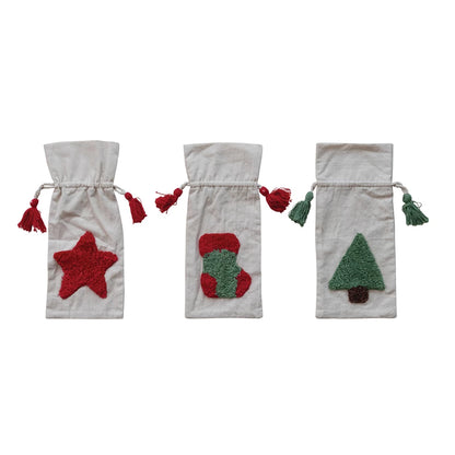 Woven Drawstring Wine Bag with Tufted Holiday Icon & Tassels, 3 Styles
