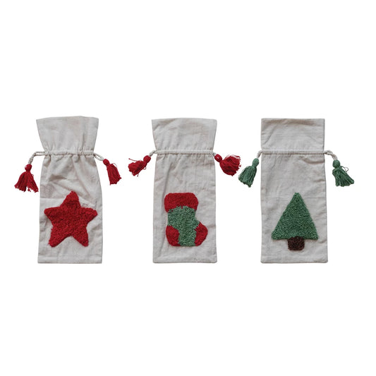 Woven Drawstring Wine Bag with Tufted Holiday Icon & Tassels, 3 Styles