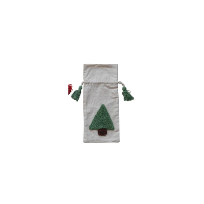 Woven Drawstring Wine Bag with Tufted Holiday Icon & Tassels, 3 Styles