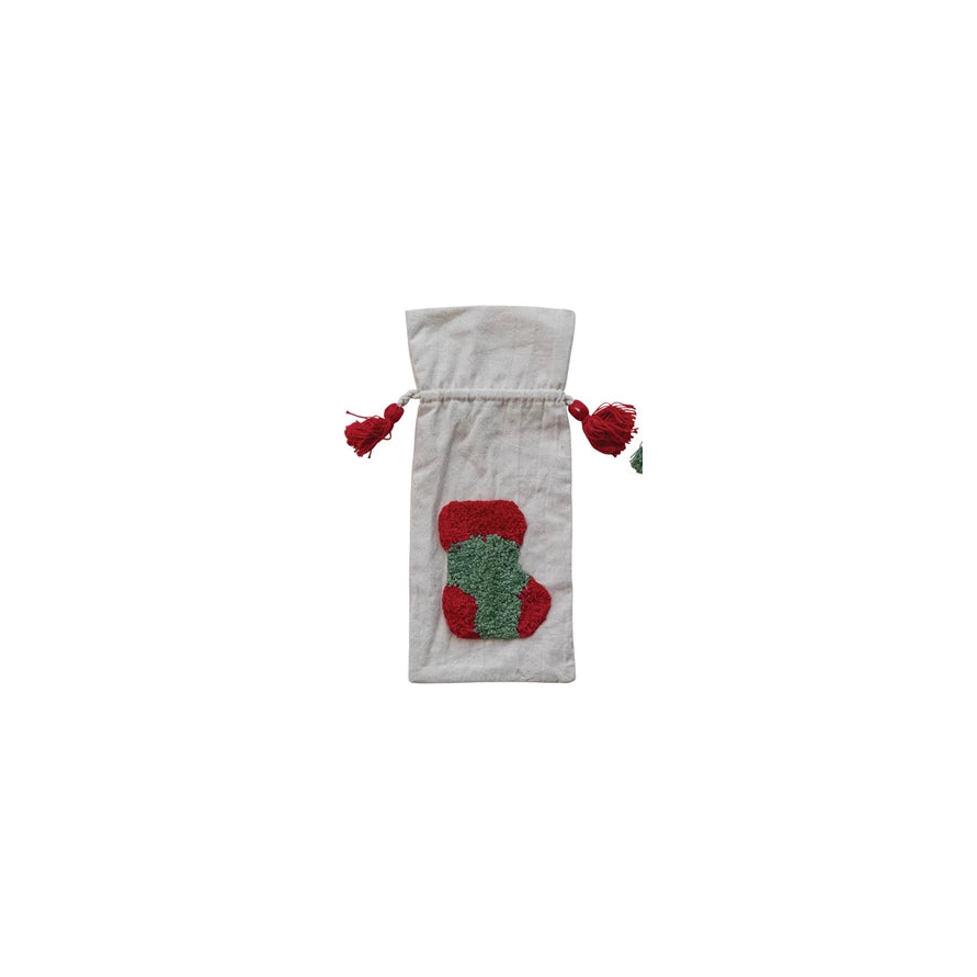 Woven Drawstring Wine Bag with Tufted Holiday Icon & Tassels, 3 Styles