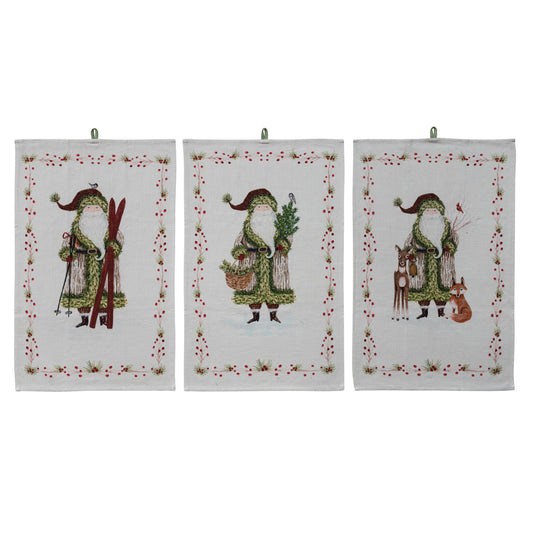 Cotton Slub Printed Tea Towel with Santa & Berries Border, 3 Styles ©