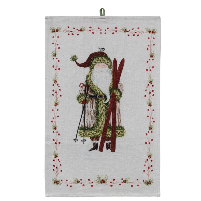 Cotton Slub Printed Tea Towel with Santa & Berries Border, 3 Styles ©