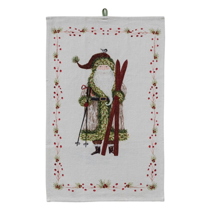Cotton Slub Printed Tea Towel with Santa & Berries Border, 3 Styles ©