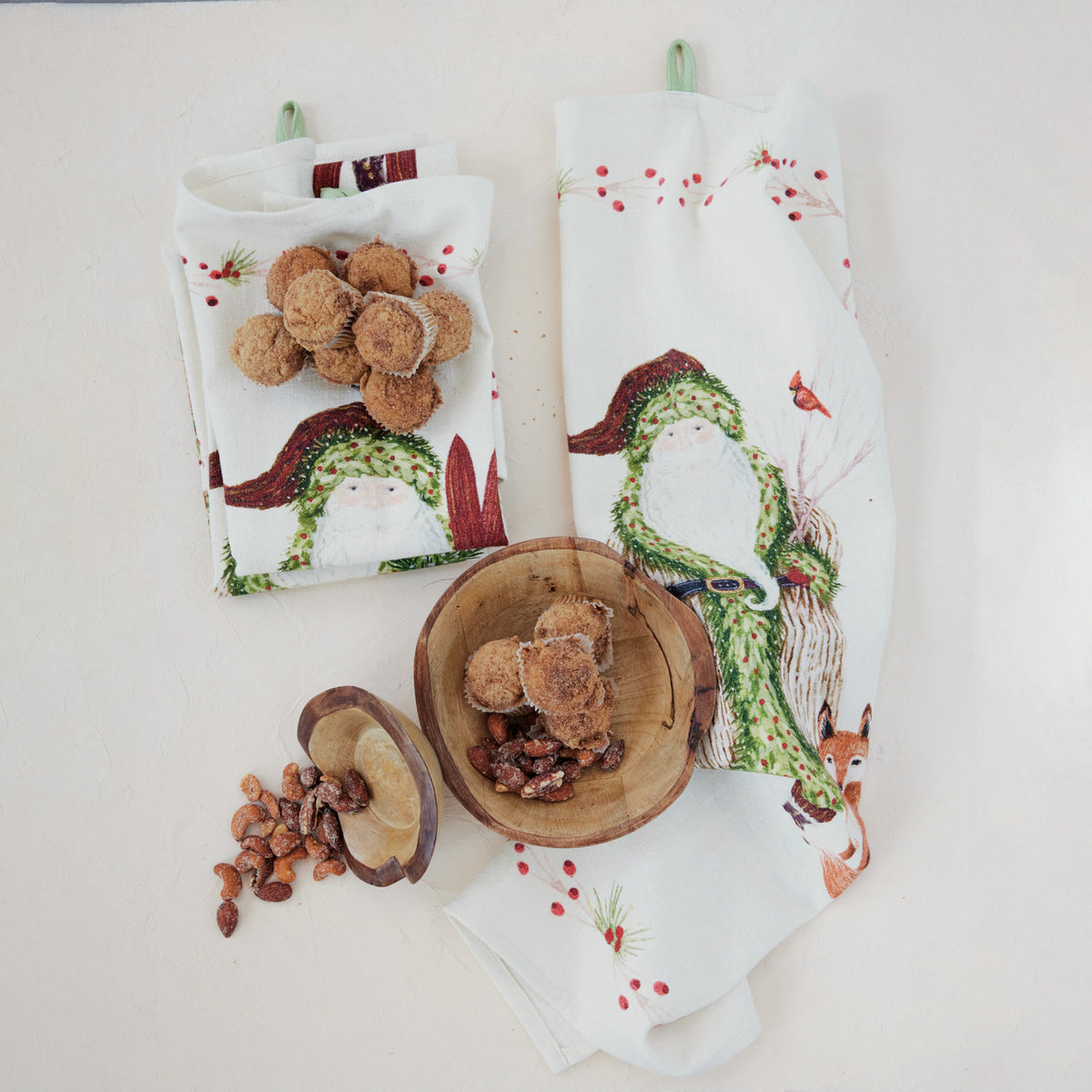 Cotton Slub Printed Tea Towel with Santa & Berries Border, 3 Styles ©