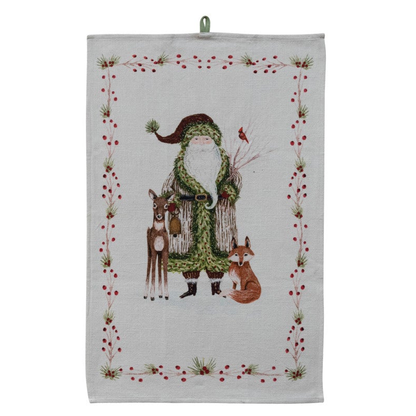Cotton Slub Printed Tea Towel with Santa & Berries Border, 3 Styles ©