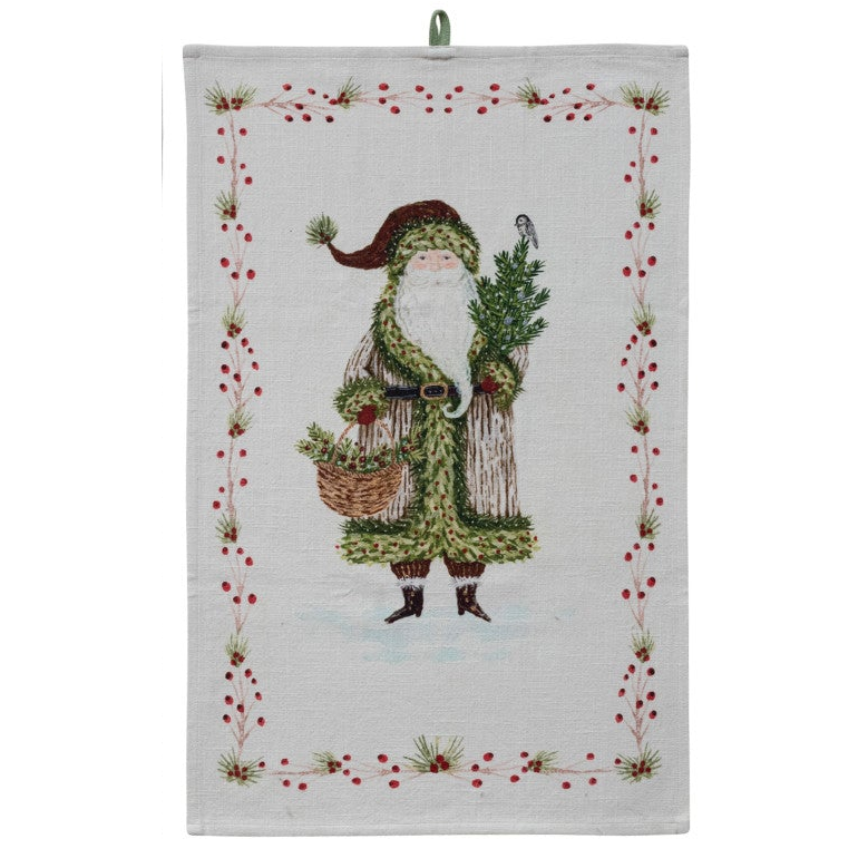 Cotton Slub Printed Tea Towel with Santa & Berries Border, 3 Styles ©