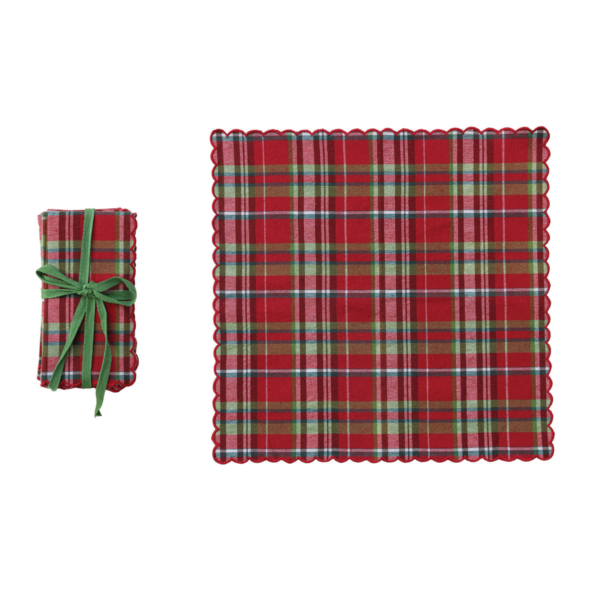 Woven Cotton Scalloped Napkins with Stitched Edges, Set of 4 Tied with Green Cotton Tape