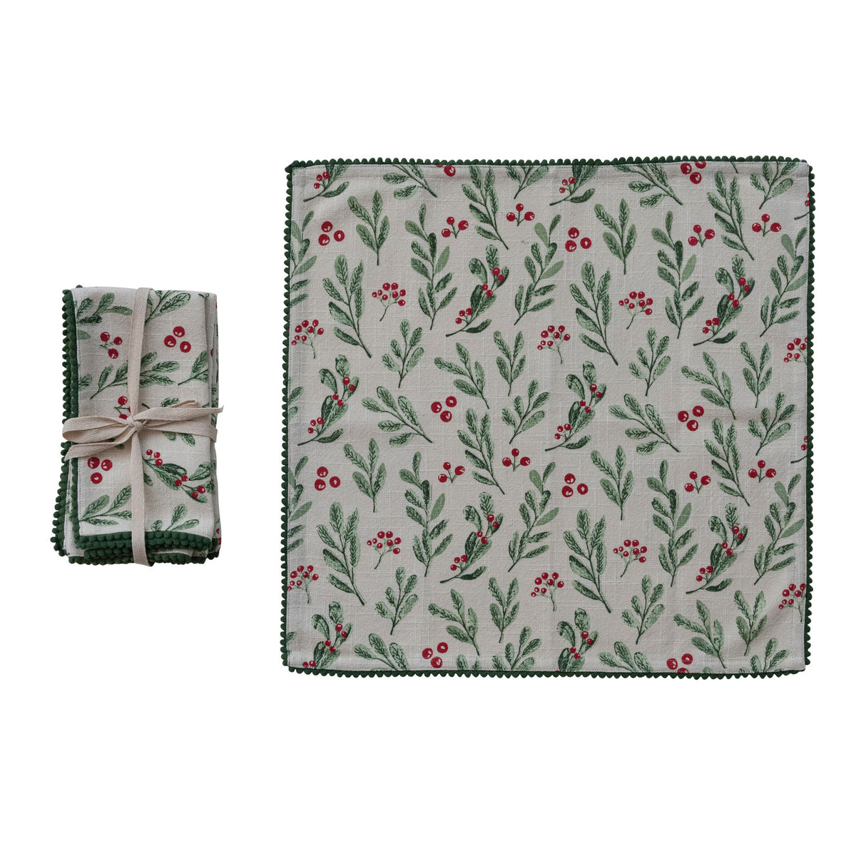 Cotton Slub Printed Napkins with Mini Pom Pom Trim, Set of 4 Tied with Cotton Tape