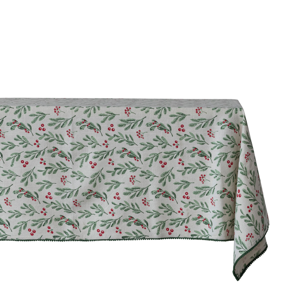 84"L x 60"W Cotton Printed Table Cloth with Mistletoe Pattern & Mini Pom Pom Trim