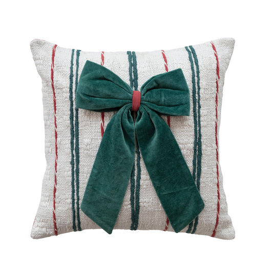 Striped Christmas Throw Pillow With Velvet Bow